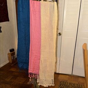 Set of 2 Blue, Pink, Pachmina and 1 Cream Wool scarf with gold glitter accents.